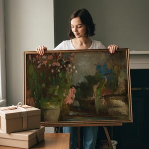 May include: A rectangular oil painting in a thin gold frame featuring an impressionistic landscape with dark green foliage, soft pink floral accents, and a muted blue sky. The artwork is displayed on a wooden easel, showcasing visible brushstrokes.
