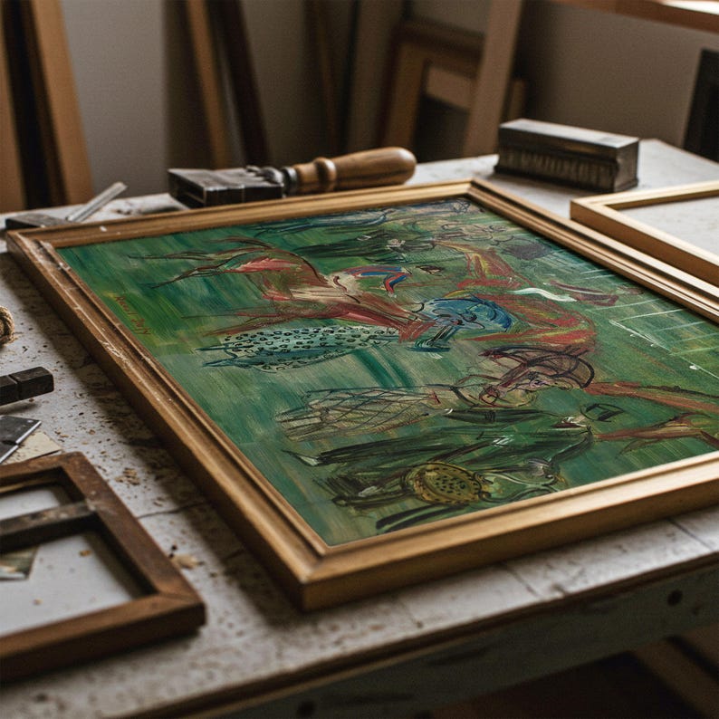 May include: An abstract painting in a gold frame, featuring a green background with figures in red, blue, and black. The artwork is on a wooden table with tools and other frames, suggesting an art studio setting.