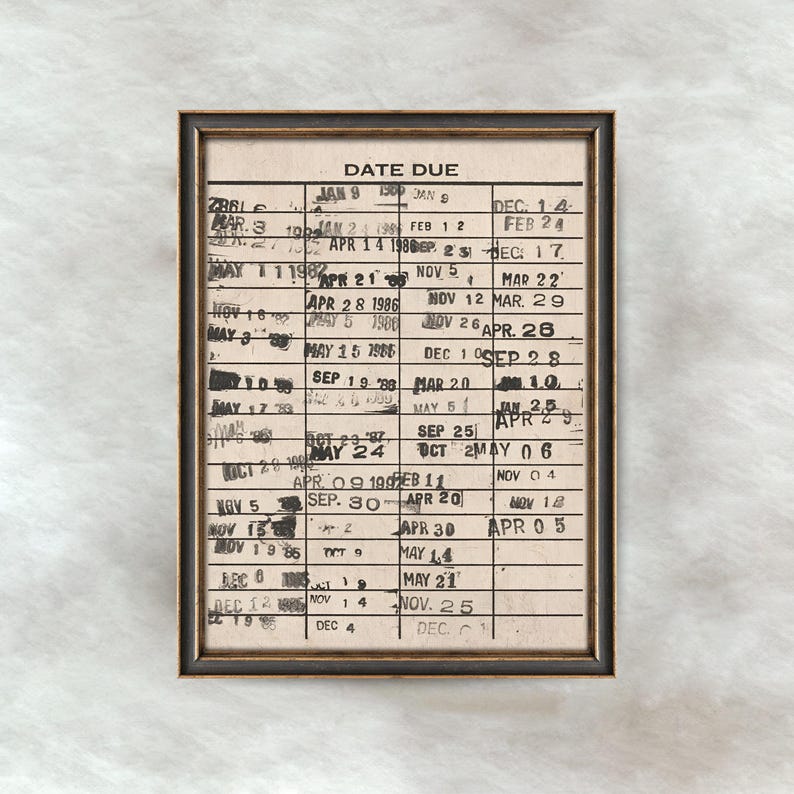 Vintage Library Card Artwork | Retro Book Due Date Print | Antique Library Wall Decor | Reading Nook Wall Art | Digital Download image 1