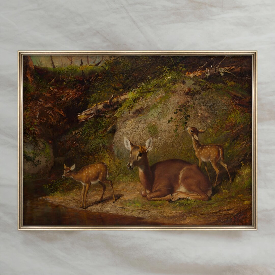 Vintage Deer Family Painting | Antique Woodland Wall Art | Rustic ...