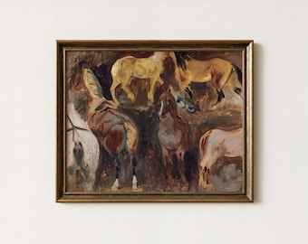 ヴィンテージホースグループ絵画｜アンティーク乗馬動物アート｜素朴な農場の壁飾り｜デジタルダウンロード