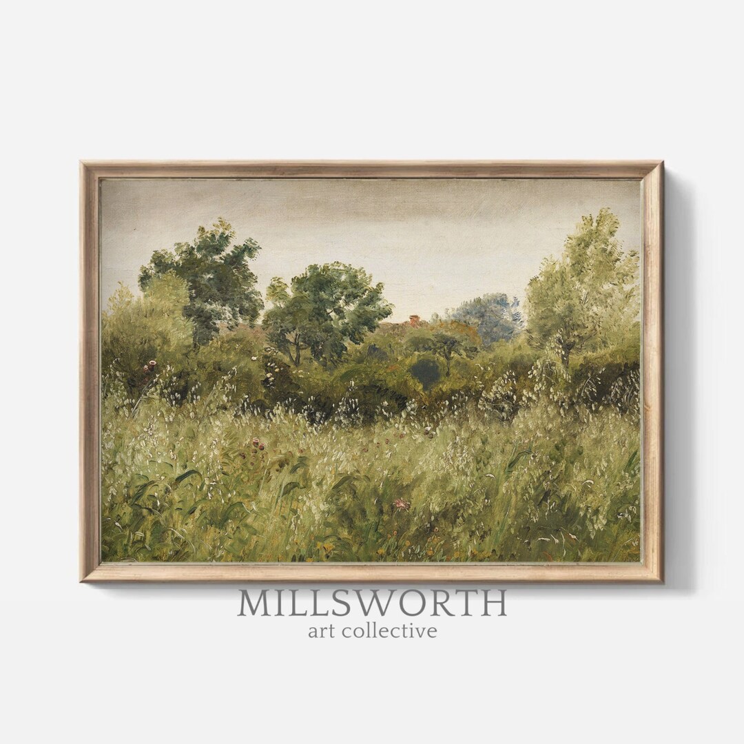 Wildflower Field Landscape Canvas Painting Vintage Meadow Country Wall ...