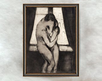 Hugging Couple Drawing | Vintage Romantic Home Decor Artwork | The Kiss by Edvard Munch 1895 | Antique Charcoal Wall Art | Digital Download