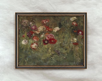 peinture vintage champ de coquelicots | Art mural paysage floral rustique | Décoration antique de prairie de fleurs sauvages | Téléchargement numérique