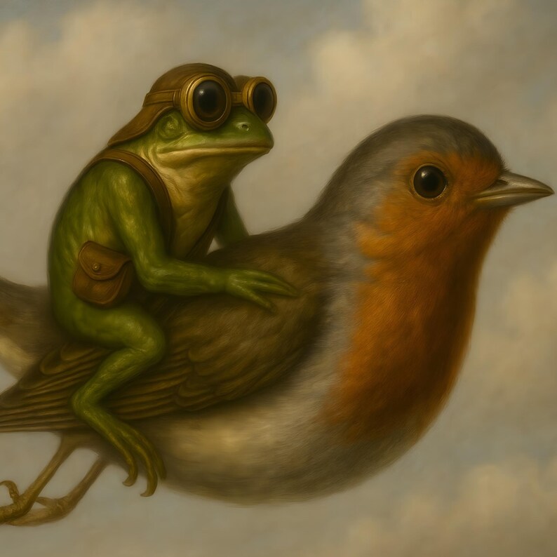Vintage Frog Riding Bird Painting | Antique Whimsical Home Decor ...