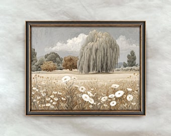 Weeping Willow Painting | Vintage Wildflower Landscape Artwork | Rustic Countryside Tree Decor | Digital Download