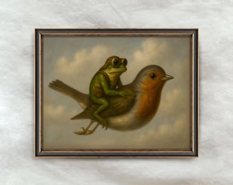Vintage Frog Riding Bird Painting | Antique Whimsical Home Decor | Fantasy Animal Wall Art | Digital Download