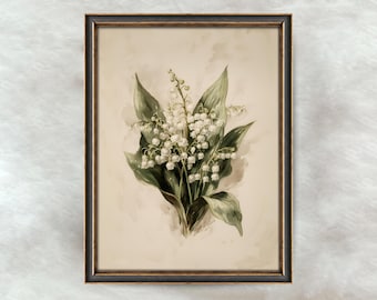 Peinture muguet | Art mural floral français antique | Décoration d'intérieur botanique neutre | Téléchargement numérique