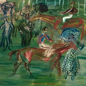 May include: An impressionistic painting depicts a horse race scene with jockeys, spectators, and horses. The artwork features a green background with figures in various colors, including red, blue, and black. The artist's signature, Raoul Dufy, is visible at the bottom.