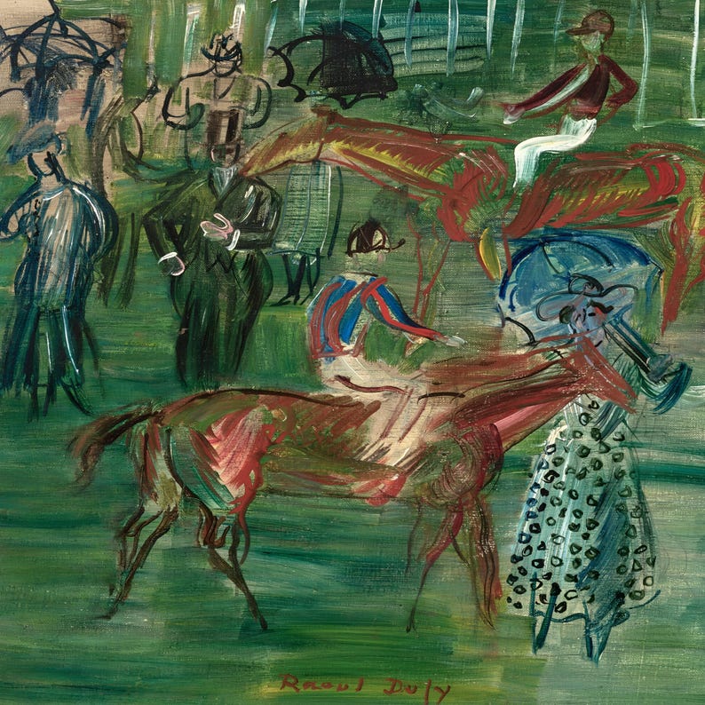 May include: An impressionistic painting depicts a horse race scene with jockeys, spectators, and horses. The artwork features a green background with figures in various colors, including red, blue, and black. The artist's signature, Raoul Dufy, is visible at the bottom.