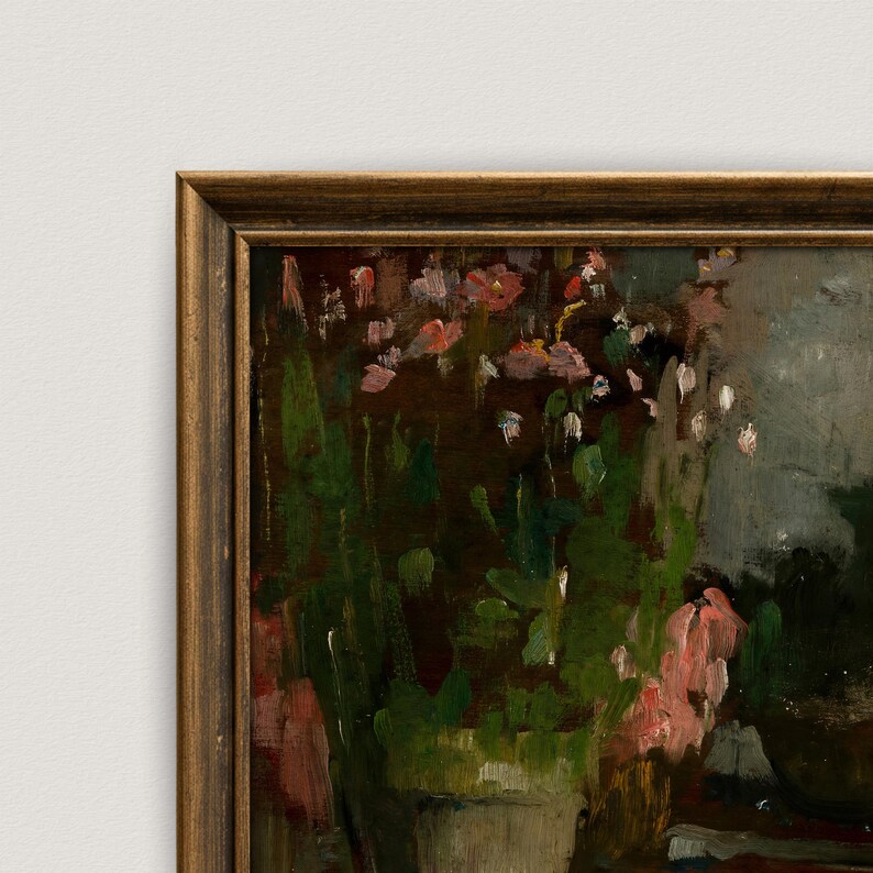 May include: An oil painting in a dark brown wooden frame depicting a potted plant with green leaves and pink flowers. The artwork features visible brushstrokes and a dark, moody color palette with deep greens, browns, and soft pink highlights.