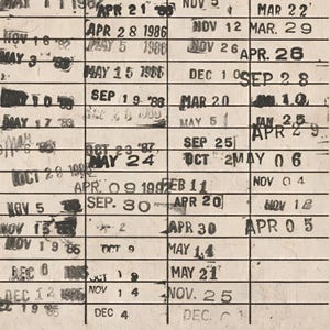 May include: A vintage, aged calendar or schedule with dates and months printed in black ink on a white background. The dates are arranged in a grid format, with some dates and years partially visible.