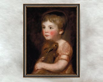 ウサギに餌をやる女の子のヴィンテージ絵画 | 子供の動物のポート