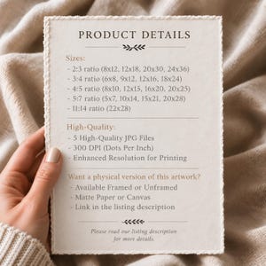 May include: A rectangular card with deckled edges featuring black text titled PRODUCT DETAILS. It lists five aspect ratios with imperial measurements in inches, specifies five high-quality 300 DPI JPG files, and notes options for physical prints.