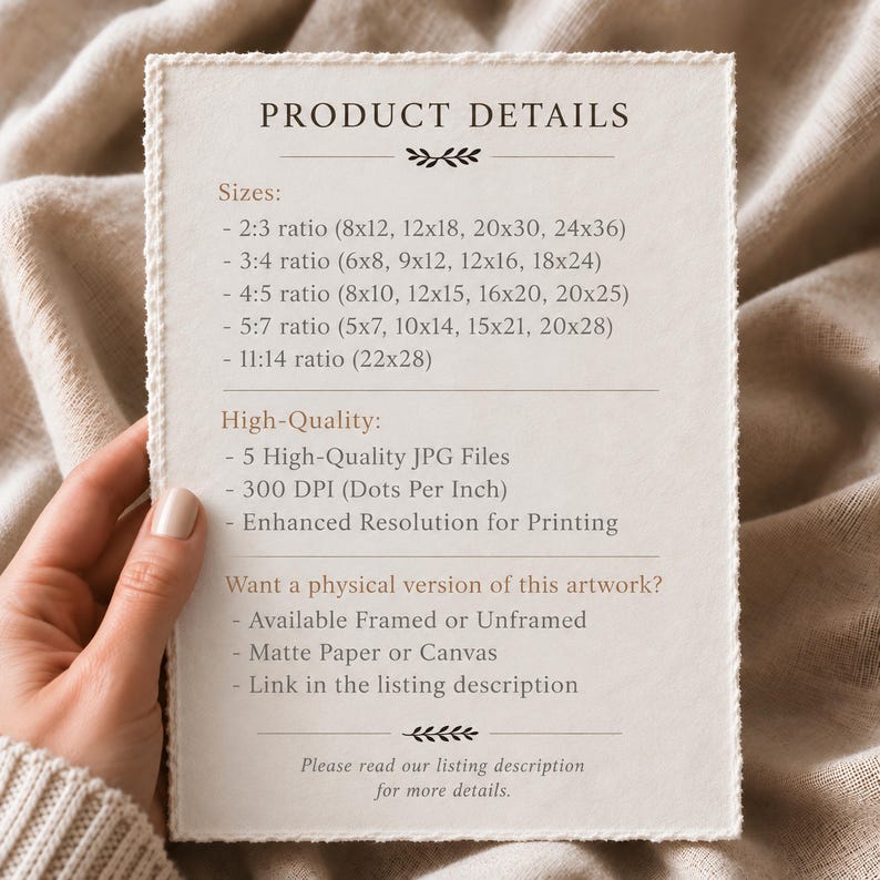 May include: A rectangular card with deckled edges featuring black text titled PRODUCT DETAILS. It lists five aspect ratios with imperial measurements in inches, specifies five high-quality 300 DPI JPG files, and notes options for physical prints.