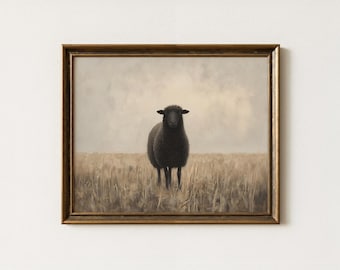 Vintage zwart schaapolieverfschilderij | Rustieke boerderijdierenkunst | Cottagecore landschap wanddecoratie | Antiek lamskunstwerk | Digitale download