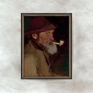 Dipinto d'epoca raffigurante un vecchio pescatore / Opera d'arte rustica costiera nautica / Decorazione marittima antica / Arte raffigurante un uomo che fuma la pipa / Download digitale