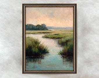 Rustic Marsh Landscape Painting | Antique Marshland Wall Art | Countryside Nature Home Decor | Digital Download