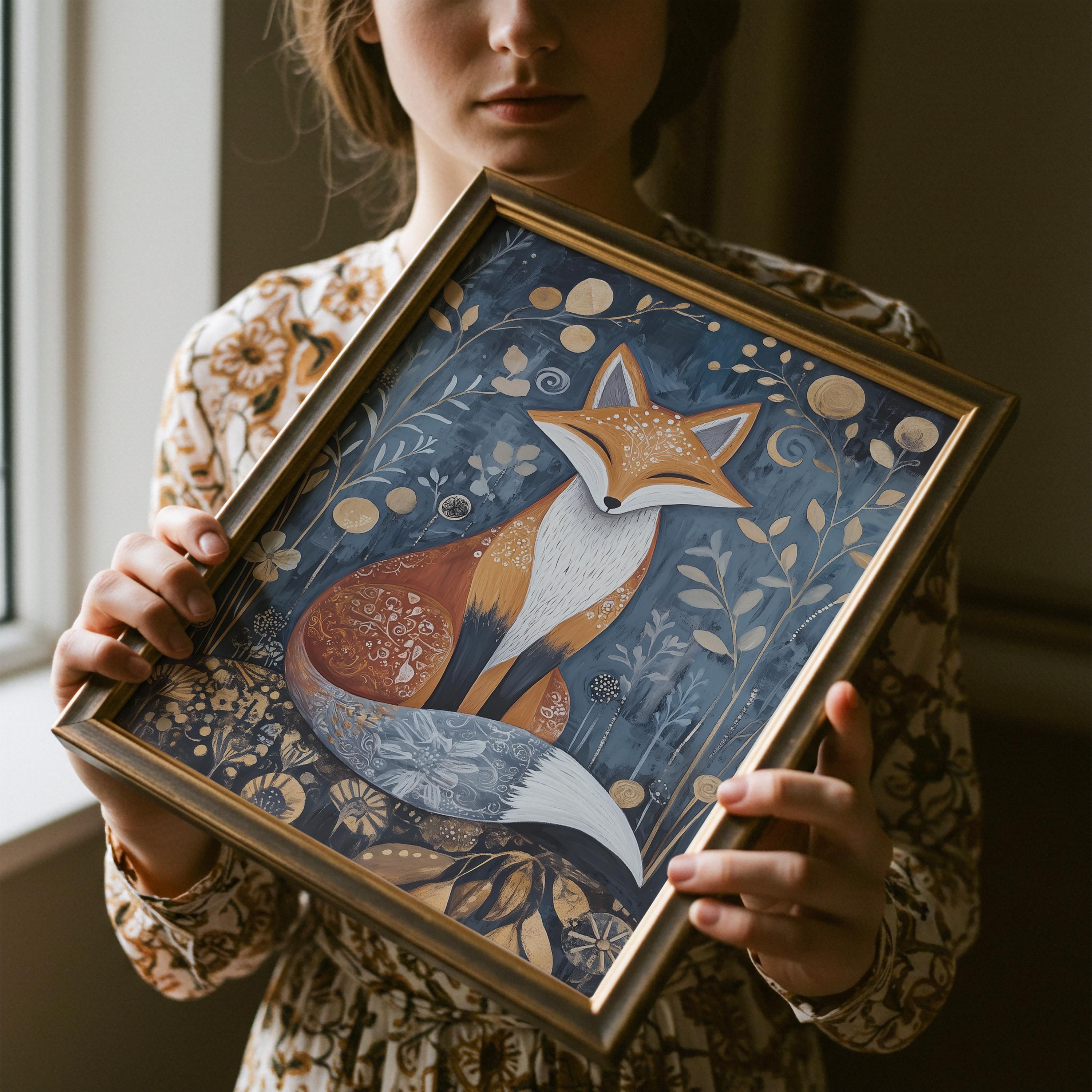 Scandinavian Celestial Fox Art | Whimsical Nordic Folk Artwork