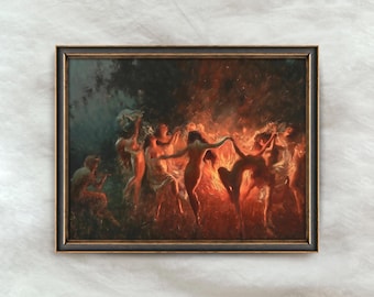 Antique Fire Dance Painting | Vintage Joseph Tomanek Nymphs Artwork | Victorian Gothic Wall Art | Dark Academia Decor | Digital Download