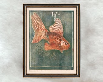 魚の水彩画額縁付き 印刷可能な金魚の水彩画、金魚の絵画、水族館の魚の装飾、淡水魚の野生