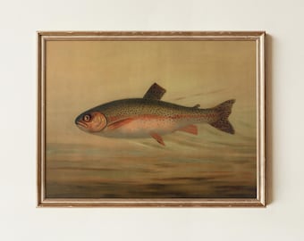 Vintage Rainbow Trout Painting | Brook Trout Fish Artwork | Antique Lake House Decor | Fisherman Wall Art | Digital Download