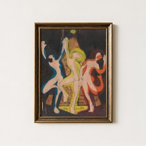 May include: A framed painting featuring three stylized figures in motion against a dark background. The figures are outlined in black and accented with vibrant blue, yellow, and orange shapes. The artwork is enclosed in a simple gold-toned frame.
