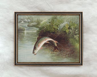 Vintage Rainbow Trout Painting | River Fishing Wall Art | Antique Lake House Decor | Digital Download
