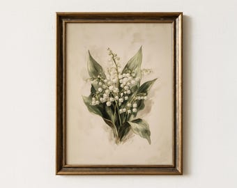 Lily of the Valley Painting | Antique French Floral Wall Art | Neutral Botanical Home Decor | Digital Download