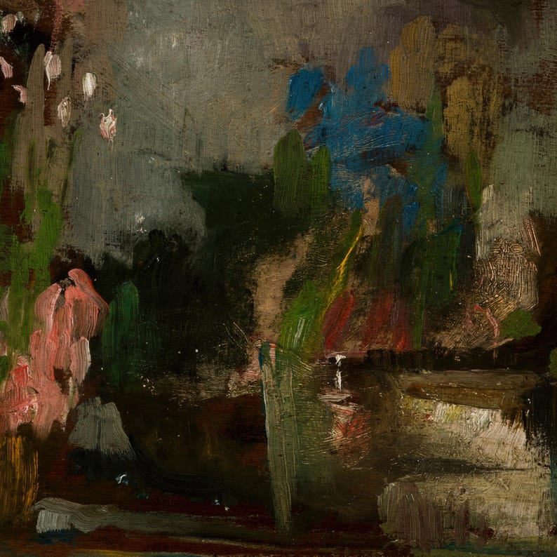 Peut inclure: Peinture &agrave; l'huile abstraite avec une palette de couleurs sombre et m&eacute;lancolique. L'&oelig;uvre pr&eacute;sente des coups de pinceau roses, bleus, verts et bruns, sugg&eacute;rant un th&egrave;me de paysage ou floral. La peinture a un aspect textur&eacute;.