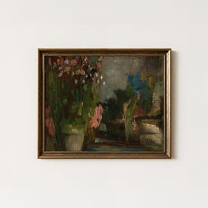 May include: An oil painting in a dark gold frame depicting a floral arrangement in a pot with pink and white blossoms, set against a dark, moody background with hints of blue and green tones, rendered in a loose, expressive brushstroke style.