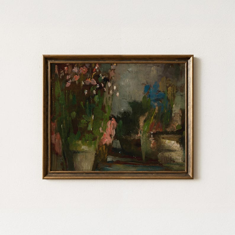 May include: An oil painting in a dark gold frame depicting a floral arrangement in a pot with pink and white blossoms, set against a dark, moody background with hints of blue and green tones, rendered in a loose, expressive brushstroke style.