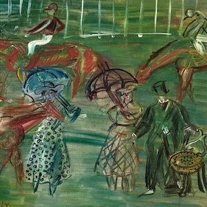May include: An impressionistic painting of a horse race scene. The artwork features figures with umbrellas, horses, and jockeys, rendered in a palette of greens, reds, and blues. A man in a green suit holds a chair.