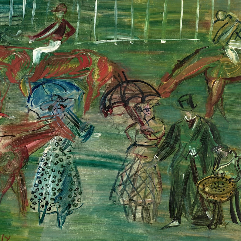 May include: An impressionistic painting of a horse race scene. The artwork features figures with umbrellas, horses, and jockeys, rendered in a palette of greens, reds, and blues. A man in a green suit holds a chair.