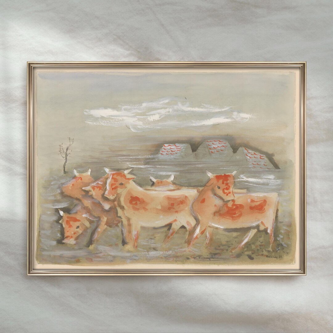 Vintage Abstract Cattle Painting | Antique Farm Animal Artwork | Rustic ...