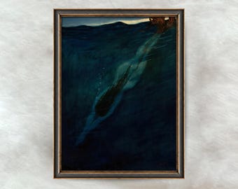 Vintage zeemeerminschilderij | Antiek oceaanfantasiekunstwerk | Mystieke maritieme wanddecoratie | Digitale download