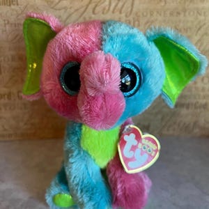 Ty Beanie Boo Elfie the Neon Green, Blue, & Pink Elephant 6” NWT Justice Exclusive