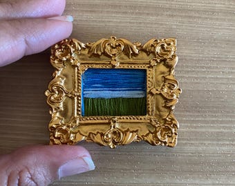 Miniature Embroidered Landscape: Thread Painting in Ornate Frame