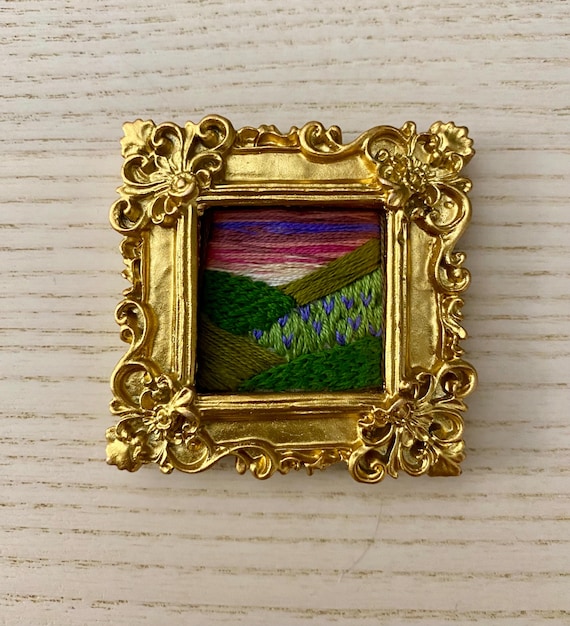 Miniature Embroidered Landscape: Thread Painting in Ornate Frame