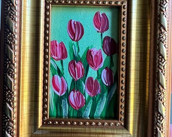 Original painting red tulips flowers framed miniature