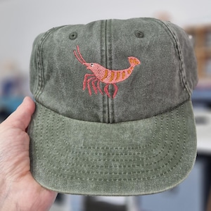 Fun Shrimp Design Machine Embroidered Vintage Style Cap Available in More Colours - Free Delivery Animal Embroidery Gift Lovely Cute Funny