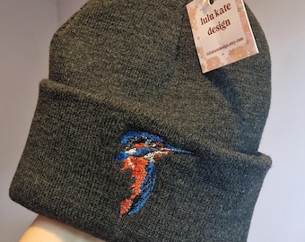 Lovely Kingfisher Embroidered Beanie - hat free delivery more colours gift embroidery cute stocking filler wildlife animals birds