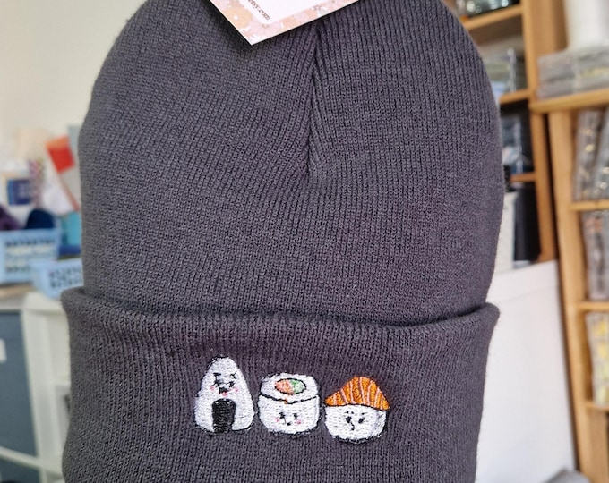 Fun sushi embroidered beanie - hat free delivery more colours gift embroidery food present Japanese cute teenager foodie unique salmon roll