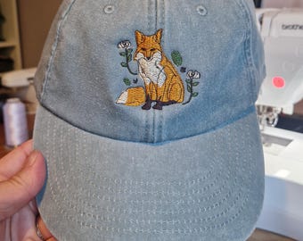 Embroidered Fox Floral Cap: Vintage Style Cotton Hat