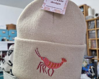 Shrimp Embroidered Beanie: Cuffed Knit Hat Free Delivery More Colours Animal Embroidery Gift Lovely Cute Funny Sea Ocean