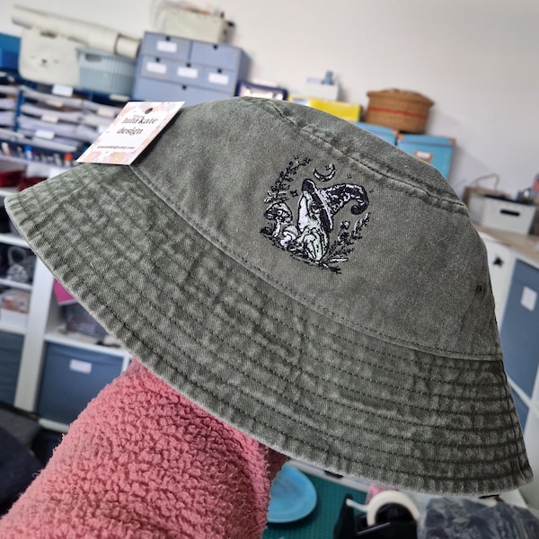 Fun Witchy Frog Design Machine Embroidered Vintage Style Bucket Hat Available in More Colours Free Delivery Animal Gift Toad Witch Halloween