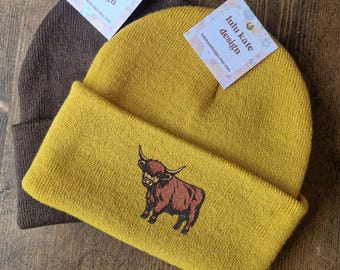 Süßer Highland Kuh Bestickter Beanie Hut Kostenlose Lieferung mehr Farben Geschenk Stickerei niedlicher Strumpffüller Tier Tierschutz