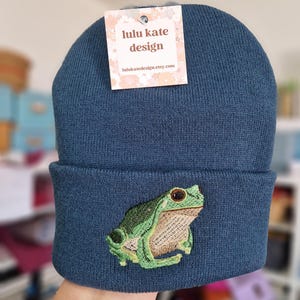 Embroidered Frog Beanie: Cottagecore Toad Hat Free Delivery More Colours Animal Embroidery Gift Lovely Cute Funny Reptile