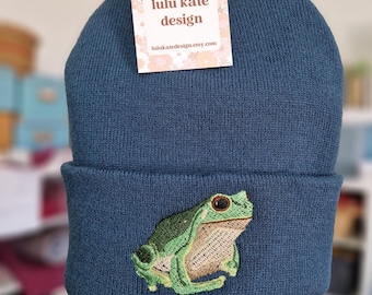 Embroidered Frog Beanie: Cottagecore Toad Hat Free Delivery More Colours Animal Embroidery Gift Lovely Cute Funny Reptile