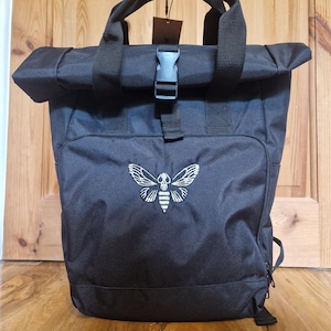 Embroidered Death's Head Hawkmoth Rucksack: Roll Top Backpack